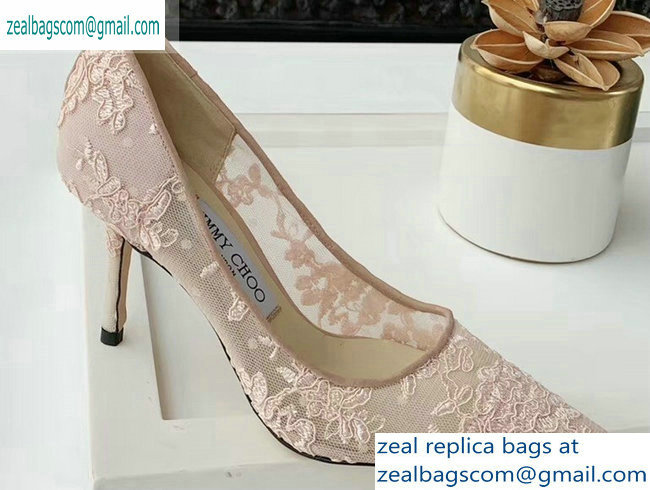 Jimmy Choo Heel 8.5cm Love Pointy Toe Pumps Floral Lace Nude Pink 2019 - Click Image to Close