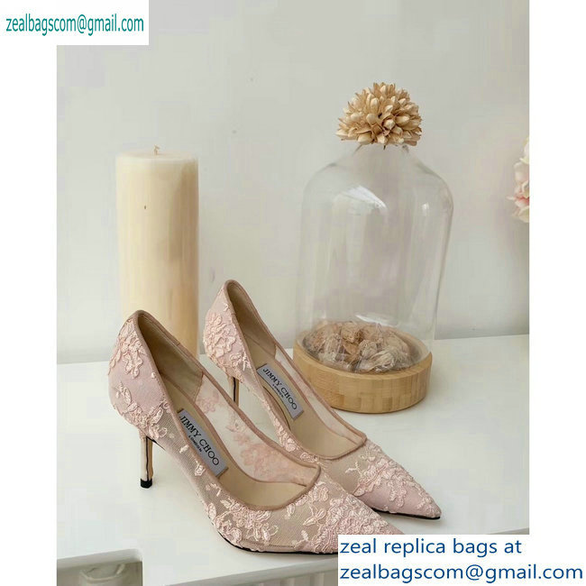 Jimmy Choo Heel 8.5cm Love Pointy Toe Pumps Floral Lace Nude Pink 2019 - Click Image to Close