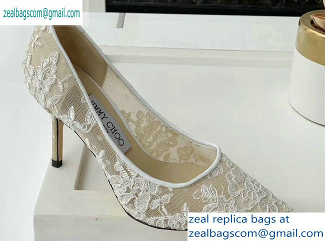 Jimmy Choo Heel 8.5cm Love Pointy Toe Pumps Floral Lace White 2019 - Click Image to Close