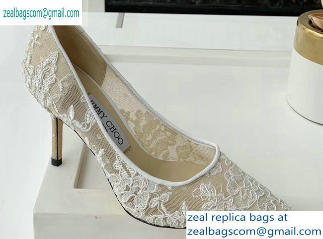 Jimmy Choo Heel 8.5cm Love Pointy Toe Pumps Floral Lace White 2019