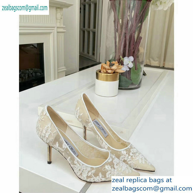 Jimmy Choo Heel 8.5cm Love Pointy Toe Pumps Floral Lace White 2019