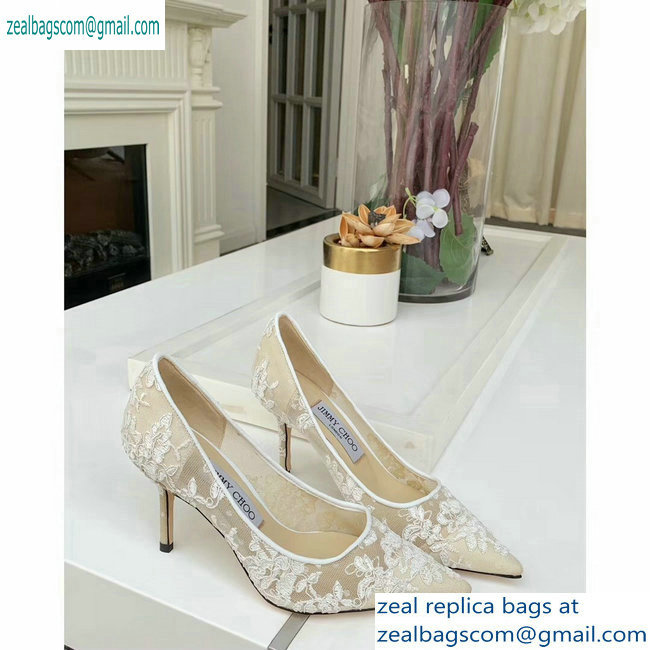 Jimmy Choo Heel 8.5cm Love Pointy Toe Pumps Floral Lace White 2019 - Click Image to Close