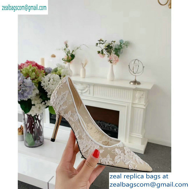 Jimmy Choo Heel 8.5cm Love Pointy Toe Pumps Floral Lace White 2019 - Click Image to Close