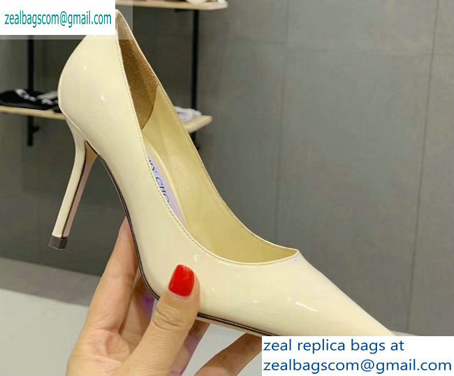 Jimmy Choo Heel 8.5cm Love Pointy Toe Pumps Patent Creamy 2019 - Click Image to Close