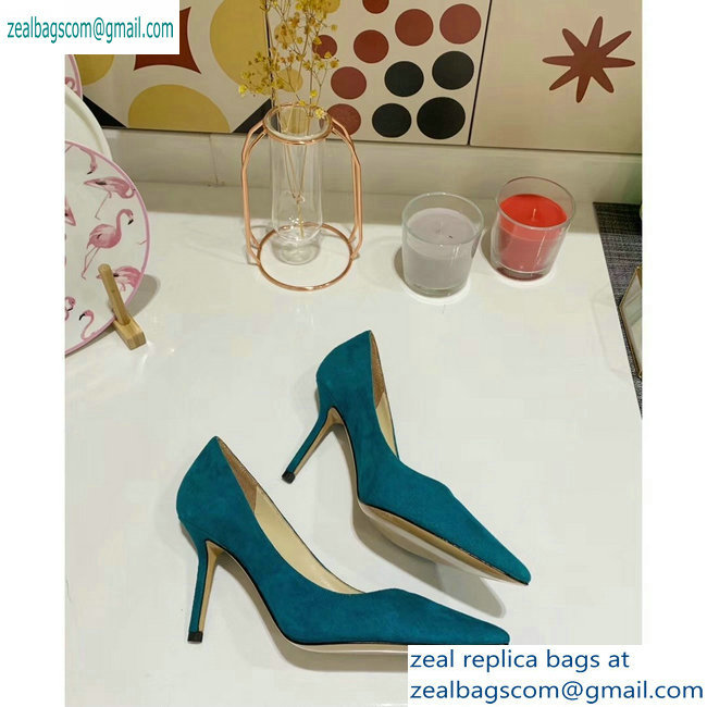 Jimmy Choo Heel 8.5cm Love Pointy Toe Pumps Suede Blue 2019