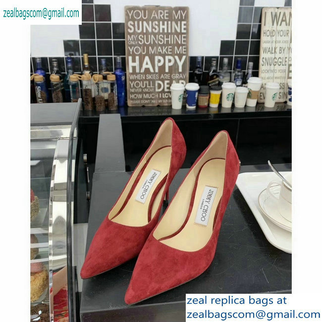 Jimmy Choo Heel 8.5cm Love Pointy Toe Pumps Suede Red 2019 - Click Image to Close