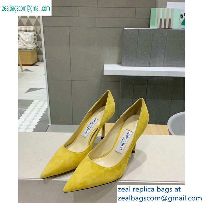 Jimmy Choo Heel 8.5cm Love Pointy Toe Pumps Suede Yellow 2019