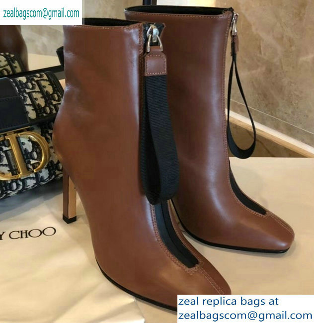 Jimmy Choo Heel 9.5cm Calfskin Ankle Boots Brown with Front Zip 2019