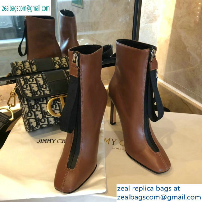 Jimmy Choo Heel 9.5cm Calfskin Ankle Boots Brown with Front Zip 2019 - Click Image to Close