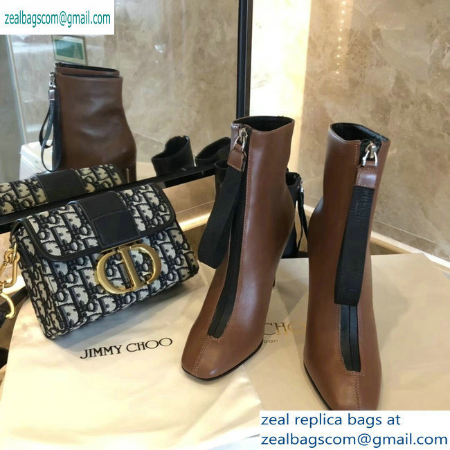 Jimmy Choo Heel 9.5cm Calfskin Ankle Boots Brown with Front Zip 2019 - Click Image to Close