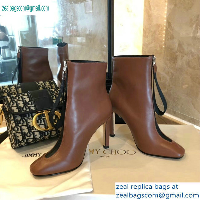 Jimmy Choo Heel 9.5cm Calfskin Ankle Boots Brown with Front Zip 2019