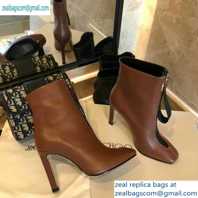 Jimmy Choo Heel 9.5cm Calfskin Ankle Boots Brown with Front Zip 2019