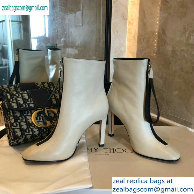 Jimmy Choo Heel 9.5cm Calfskin Ankle Boots Creamy with Front Zip 2019 - Click Image to Close