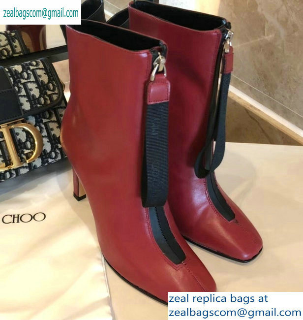 Jimmy Choo Heel 9.5cm Calfskin Ankle Boots Red with Front Zip 2019 - Click Image to Close