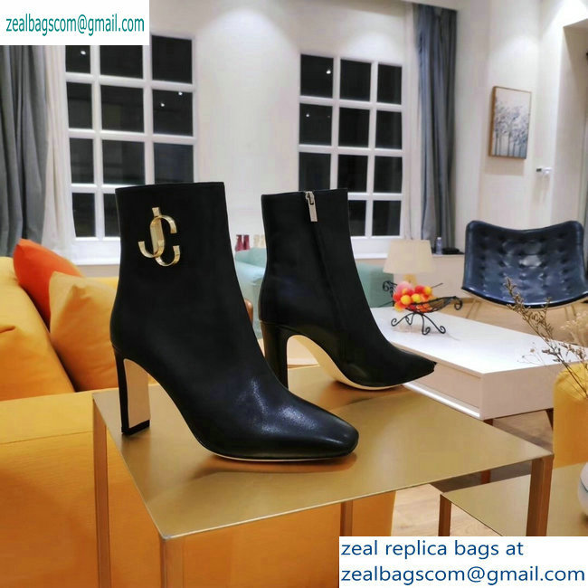 Jimmy Choo Heel 9.5cm Minori Calf Leather Ankle Boots Black with Gold JC 2019 - Click Image to Close