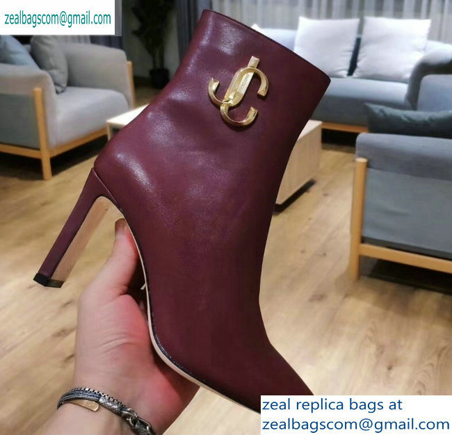 Jimmy Choo Heel 9.5cm Minori Calf Leather Ankle Boots Burgundy with Gold JC 2019 - Click Image to Close