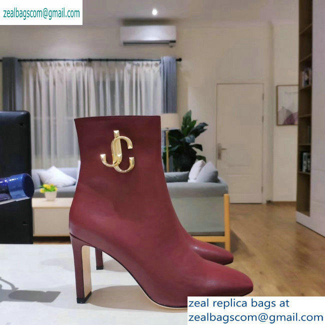Jimmy Choo Heel 9.5cm Minori Calf Leather Ankle Boots Burgundy with Gold JC 2019 - Click Image to Close
