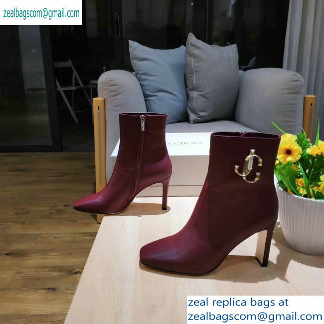 Jimmy Choo Heel 9.5cm Minori Calf Leather Ankle Boots Burgundy with Gold JC 2019