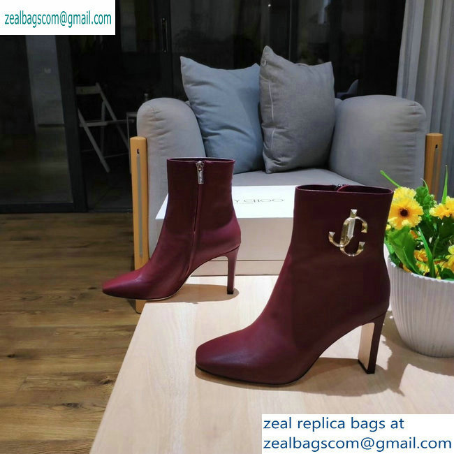 Jimmy Choo Heel 9.5cm Minori Calf Leather Ankle Boots Burgundy with Gold JC 2019 - Click Image to Close