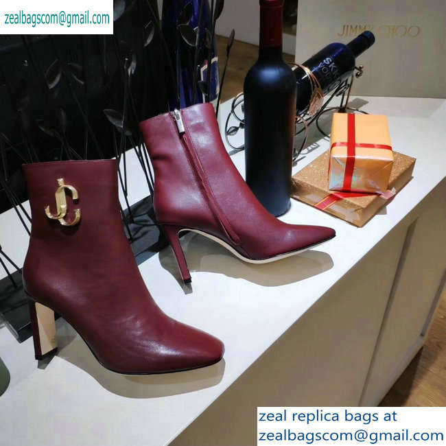 Jimmy Choo Heel 9.5cm Minori Calf Leather Ankle Boots Burgundy with Gold JC 2019 - Click Image to Close