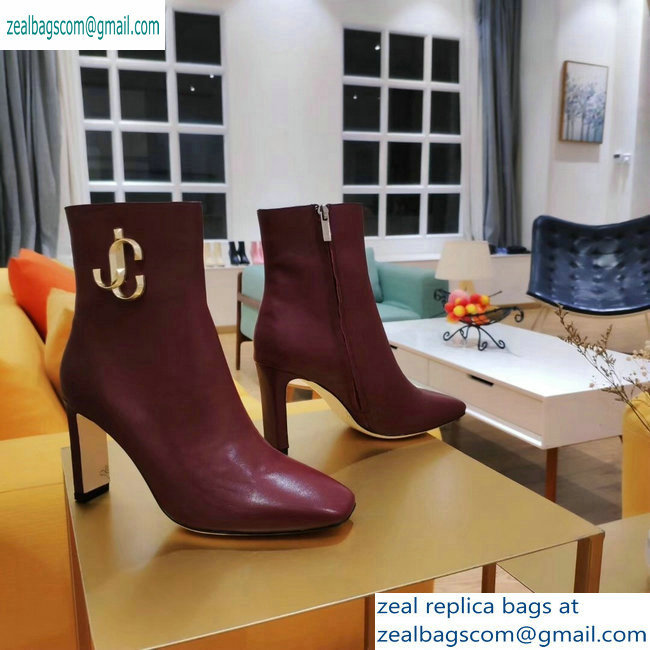Jimmy Choo Heel 9.5cm Minori Calf Leather Ankle Boots Burgundy with Gold JC 2019 - Click Image to Close