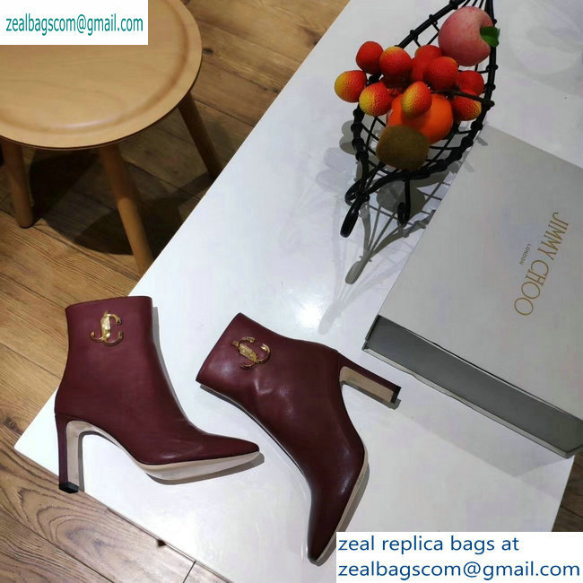 Jimmy Choo Heel 9.5cm Minori Calf Leather Ankle Boots Burgundy with Gold JC 2019 - Click Image to Close