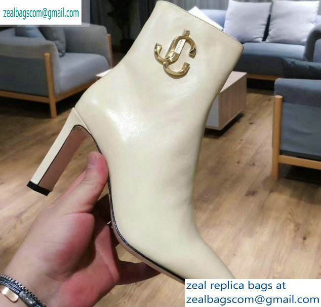 Jimmy Choo Heel 9.5cm Minori Calf Leather Ankle Boots Creamy with Gold JC 2019 - Click Image to Close