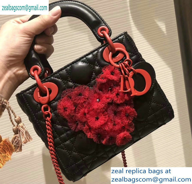 Lady Dior Bag in Black/Red Lambskin with Embroidered Flowers Fall 2019