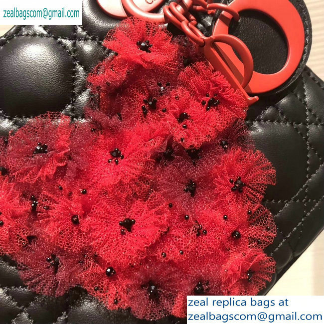 Lady Dior Bag in Black/Red Lambskin with Embroidered Flowers Fall 2019