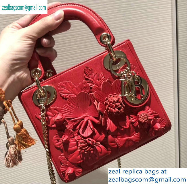 Lady Dior Bag in Red Lambskin with Embroidered Flowers Fall 2019