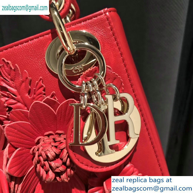 Lady Dior Bag in Red Lambskin with Embroidered Flowers Fall 2019