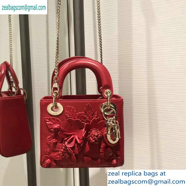 Lady Dior Bag in Red Lambskin with Embroidered Flowers Fall 2019
