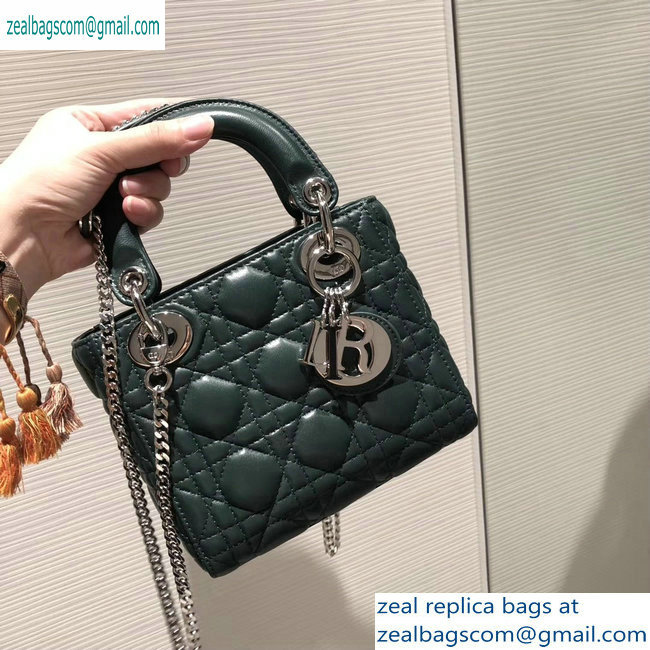 Lady Dior Mini sheepskin Bag in Cannage with Chain dark green
