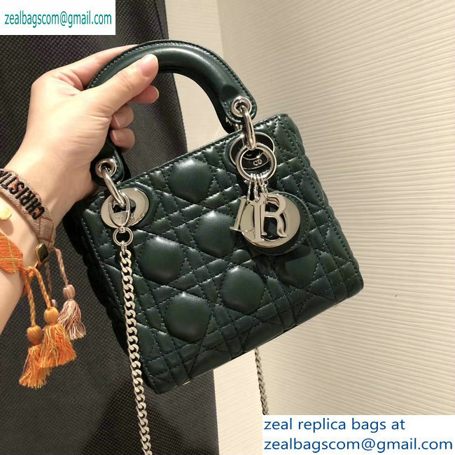 Lady Dior Mini sheepskin Bag in Cannage with Chain dark green - Click Image to Close