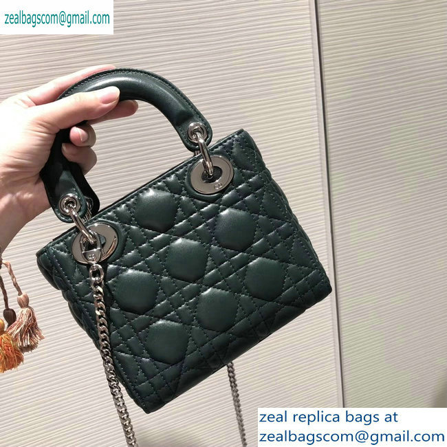 Lady Dior Mini sheepskin Bag in Cannage with Chain dark green