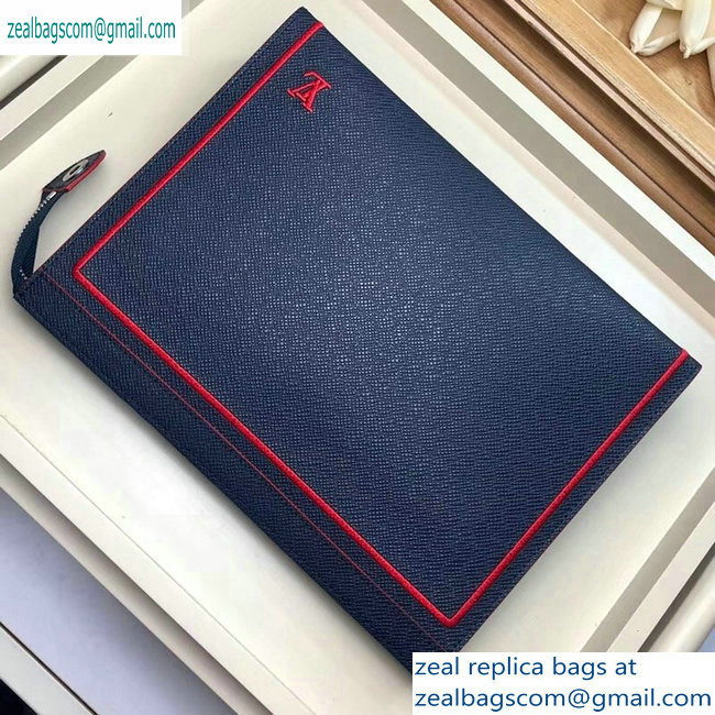 Louis Vuitton Pochette Voyage MM Bag Taiga Leather Outline Navy Blue/Red M63394