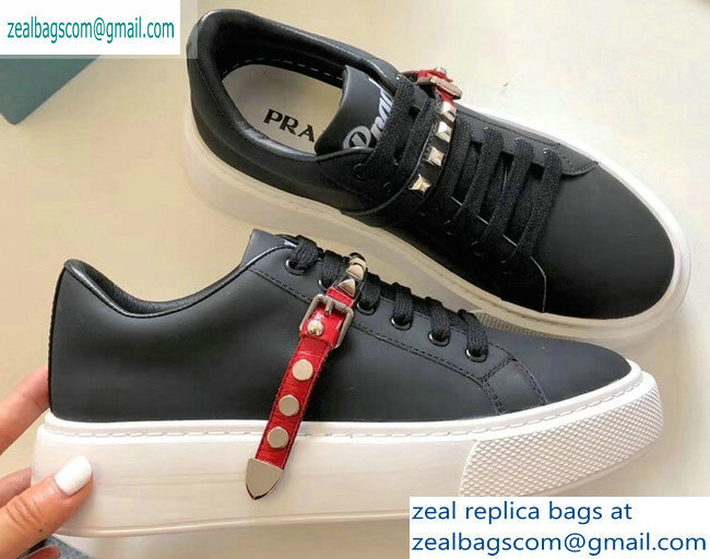 Prada Gabardine Leather Sneakers Black/Red Studded Strap 2019 - Click Image to Close