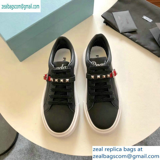 Prada Gabardine Leather Sneakers Black/Red Studded Strap 2019
