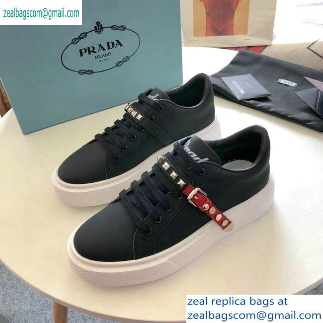 Prada Gabardine Leather Sneakers Black/Red Studded Strap 2019