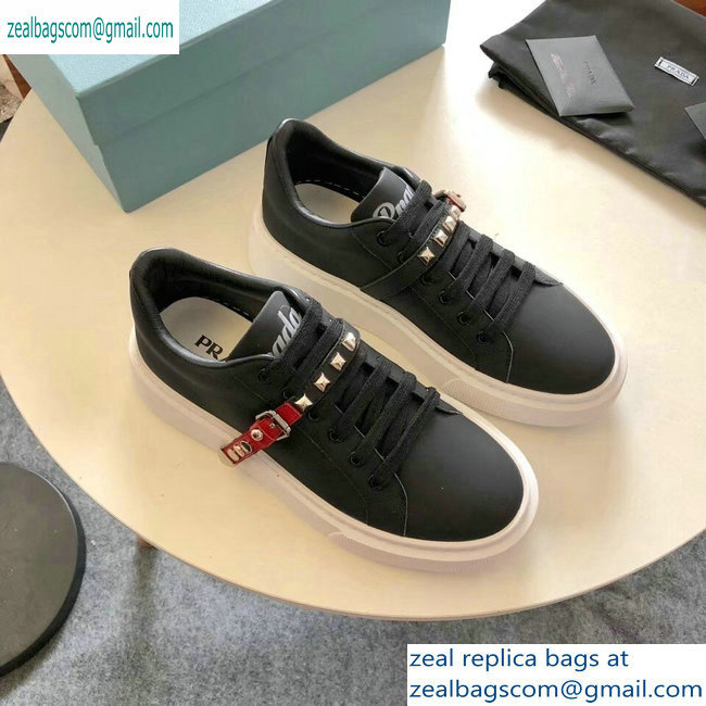 Prada Gabardine Leather Sneakers Black/Red Studded Strap 2019 - Click Image to Close