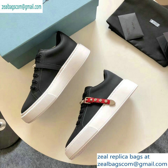 Prada Gabardine Leather Sneakers Black/Red Studded Strap 2019