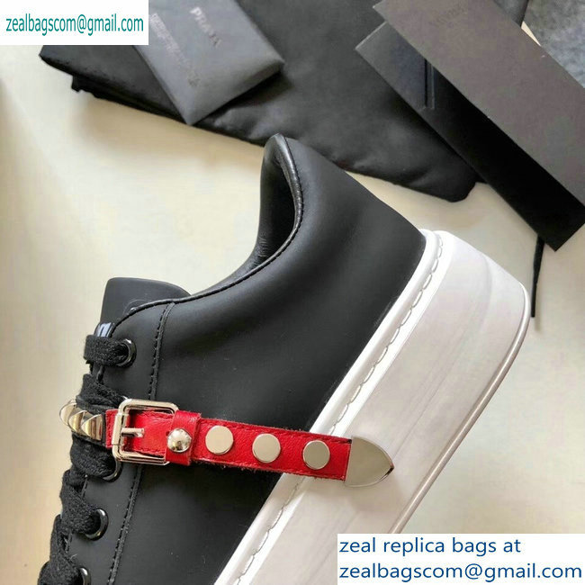 Prada Gabardine Leather Sneakers Black/Red Studded Strap 2019