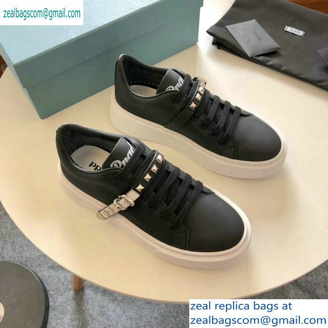 Prada Gabardine Leather Sneakers Black/White Studded Strap 2019