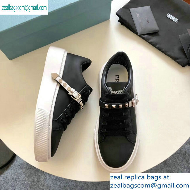 Prada Gabardine Leather Sneakers Black/White Studded Strap 2019