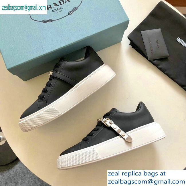 Prada Gabardine Leather Sneakers Black/White Studded Strap 2019