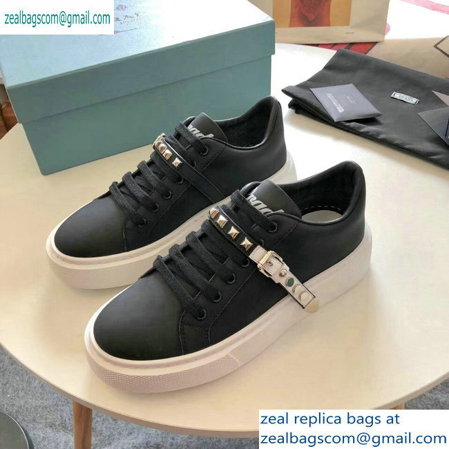 Prada Gabardine Leather Sneakers Black/White Studded Strap 2019