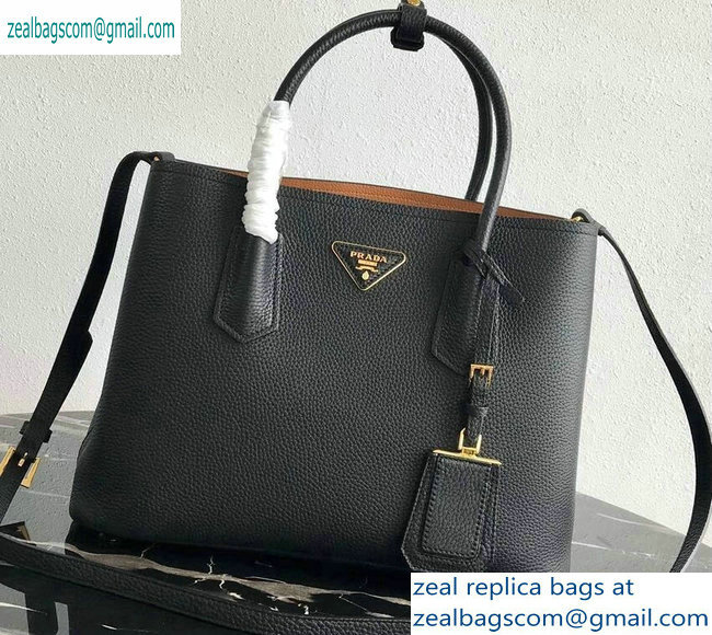Prada Grained Leather Double Medium Tote Bag 1BG775/1BG008 Black/Khaki