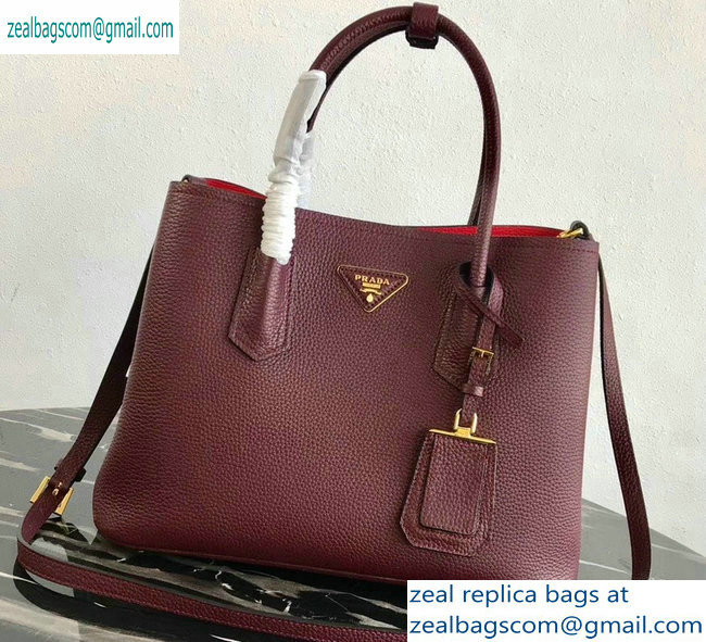 Prada Grained Leather Double Medium Tote Bag 1BG775/1BG008 Burgundy