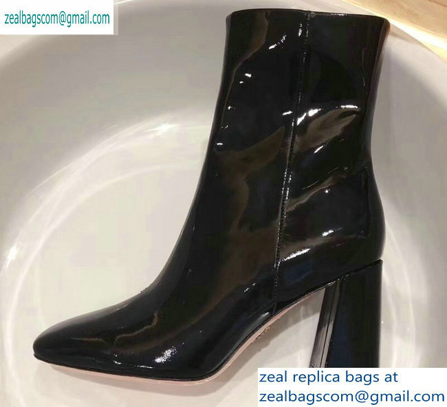 Prada Heel 8.5cm Glossy Patent Leather Square Toe Booties Black 2019 - Click Image to Close