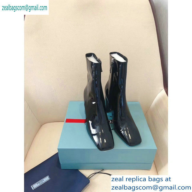 Prada Heel 8.5cm Glossy Patent Leather Square Toe Booties Black 2019